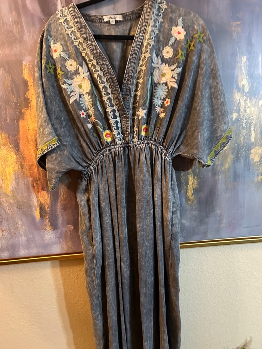 Boho Embroidered V-Neck Gray Maxi Dress